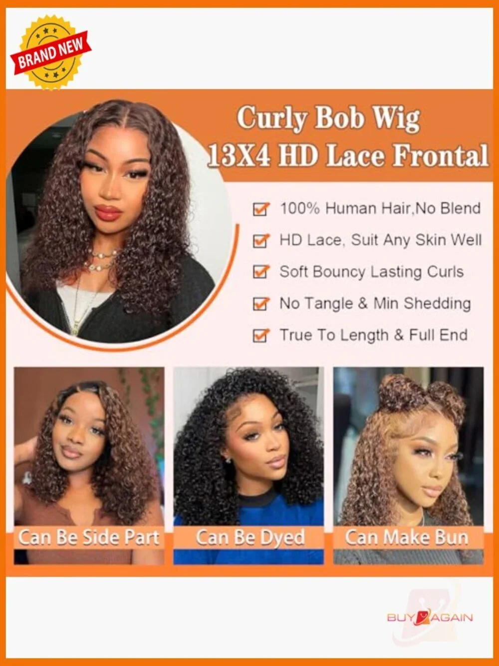 100% Human Hair Curly Bob Wig 200% Density 13x4 HD Lace Front Wig Pre Plucked
